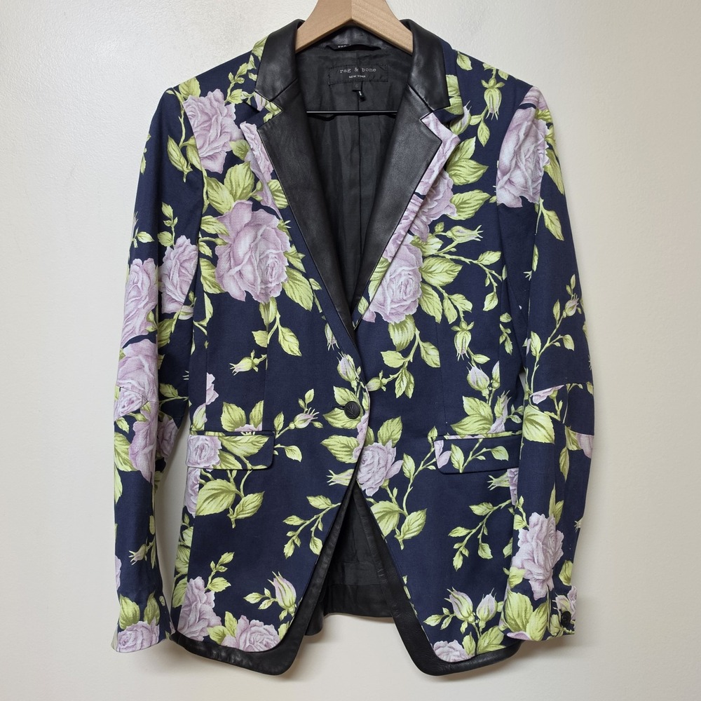 Rag & Bone Floral Blazer Women 6 Navy Rose Lamb Leather Trim One Button Jacket